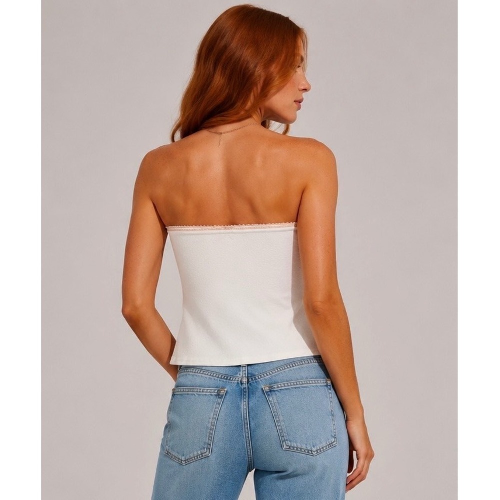 Edikted White Pointelle Tube Top Pink Lace Rosette Split Hem XL NWT - Picture 2 of 5